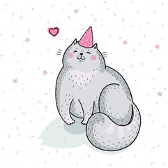 vector template of birthday greeting card, cute cat with love 