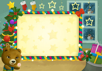cartoon scene with christmas room and frame illustration