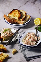 Salmon pate spread with sourdough bread toasts 