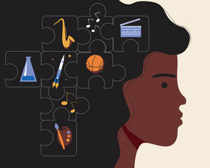 Afro woman head as concept of black history month, afro people achievements, career choice, flat vector stock illustration with basketball, saxophone, science