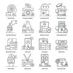 
Pack of Online Healthcare Flat Outline Vectors
