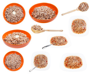 collection of buckwheat dishes isolated on white background