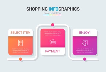 Concept of shopping process with 3 successive steps. Three colorful graphic elements. Timeline design for brochure, presentation, web site. Infographic design layout.