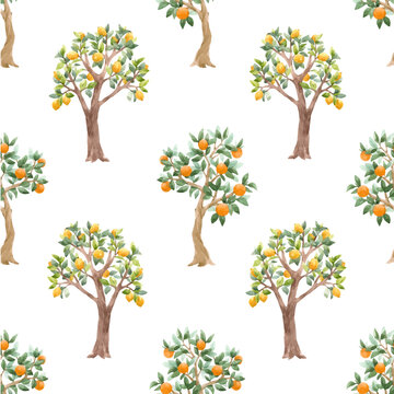 Beautiful vector seamless pattern with cute watercolor fruit trees. Stock orchard illustration.