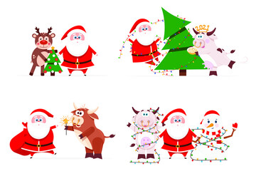 Obraz na płótnie Canvas Christmas 2021 with Santa Claus and cute animals. The bull is the symbol of the Chinese New Year 2021. Cheerful animals near the Christmas tree with gifts. Vector illustration.