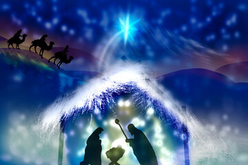 Christmas Nativity Scene. Baby Jesus in manger with Mery and Joseph in Bethlehem. Religious...