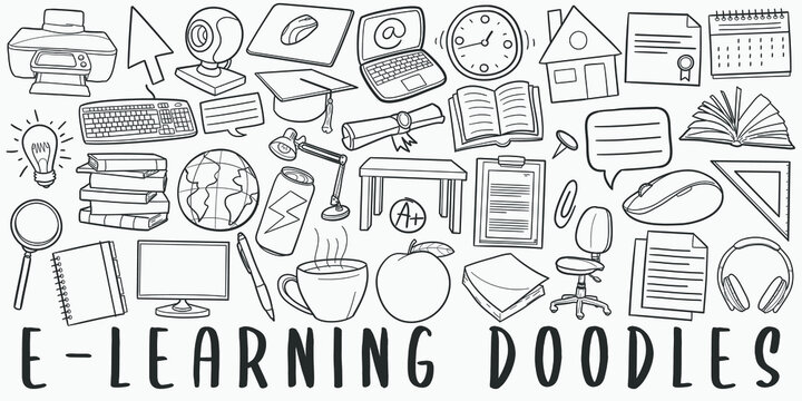 E-Learning, doodle icon set. Online School Style Vector illustration collection. Education Banner Hand drawn Line art style.