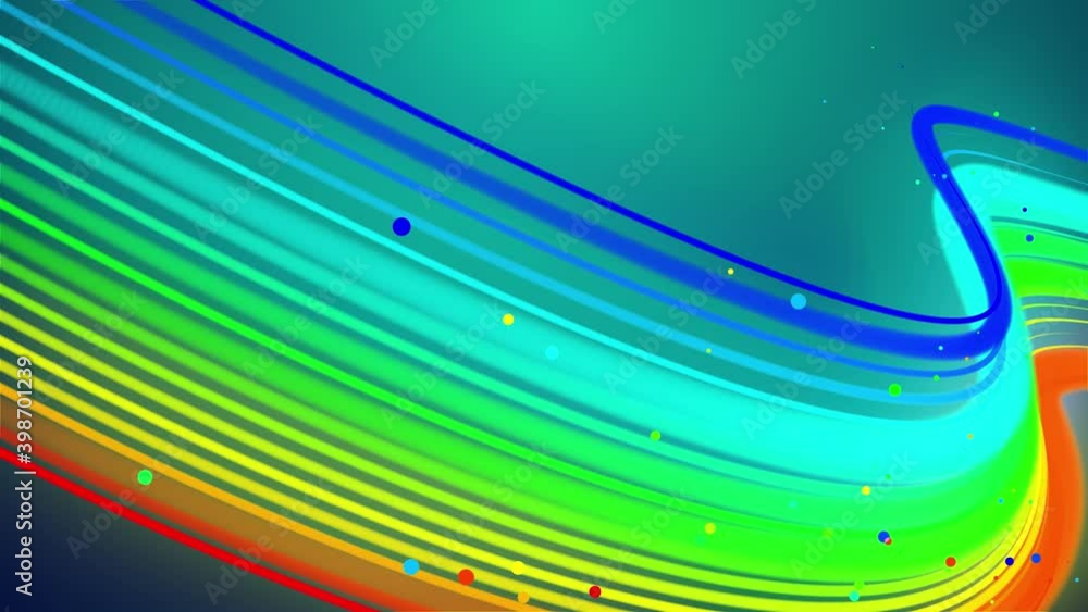 Poster rainbow color glow lines fly in air, smoothly oscillation and wave. 3d abstract looped creative back