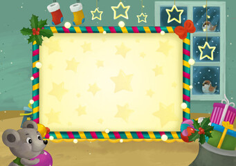 cartoon scene with christmas room and frame illustration