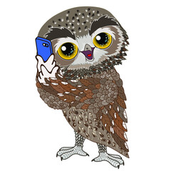 emoji with owl that is talking on the modern smartphone or mobile phone, colored emoticon, vector illustration on white isolated background