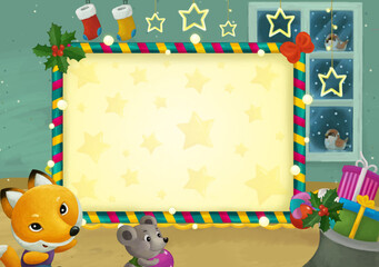 cartoon scene with christmas room and frame illustration