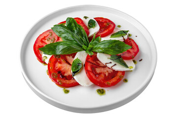 Delicious italian caprese salad with ripe tomatoes, fresh garden basil and mozzarella cheese. Vegetarian, dietary, nutritious meal.