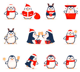 Fototapeta premium Cartoon penguins dressed as Santa Claus. Penguins have fun and celebrate the New Year in snake knitted clothes. Christmas penguins. Vector illustration