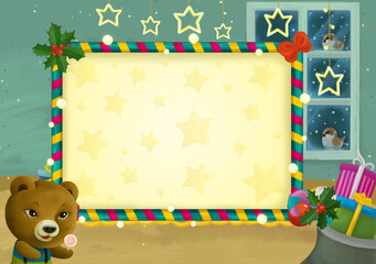 cartoon scene with christmas room and frame illustration