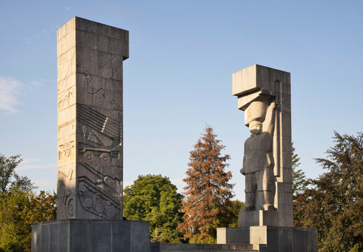 Monument for liberation of Warmia and Mazury region at Xawery Dunikowski square in Olsztyn. Poland
