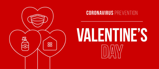 Fototapeta na wymiar Valentine day coronavirus heart balloon banner. Valentine love events and holidays during a pandemic Vector illustration on red background. Covid prevention.