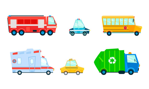 Great set of various transport types. City services. Cartoon car. Vector illustration isolated on white background