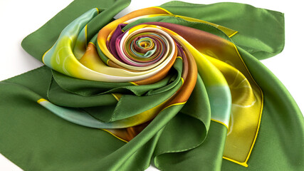 Fototapeta na wymiar Luxurious smooth green and yellow silk scarf folded in the shape of a flower on the white background. 