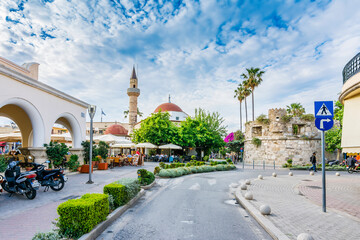 Fototapeta na wymiar Famous Eleftherias square view in Kos Town. Kos Island is popular tourist destination in Aegean Sea.