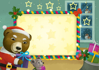 cartoon scene with christmas room and frame illustration