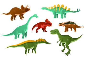 Fototapete Dinosaurier Jurassic Dinosaurier sind auf weißem Hintergrund dargestellt. Bunte Dinosaurier im Cartoon-Stil. Nahtlose Muster. Vektor-Illustration