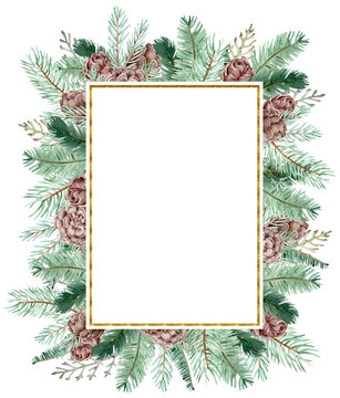 Watercolor Christmas frame with cones and pine branches. Winter square frame. New Year's greenery card template.