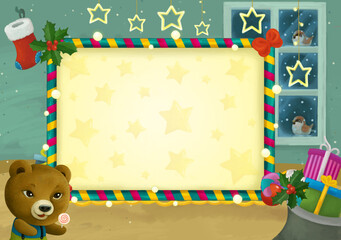 cartoon scene with christmas room and frame illustration
