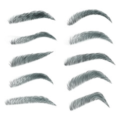 Fashion eyebrows of various shapes and types. Various types of eyebrows. Black eyebrow pack. Black eyebrows isolated on white background. Vector illustration