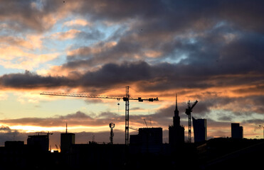 Warsaw during the colour sunset