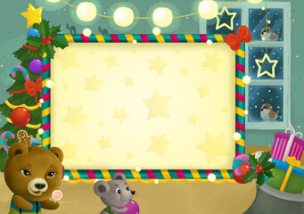 cartoon scene with christmas room and frame illustration