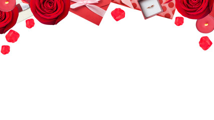 Valentines background with red rose, valentine envelope and petals on the white, flat lay with copy space, top border, banner