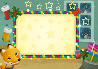cartoon scene with christmas room and frame illustration