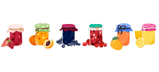 Jam, jelly witch fruits set isolated on white vector illustration. Sweet goods collection design elements. Homemade candy making, marmalade, confiture preserve in cartoon style.