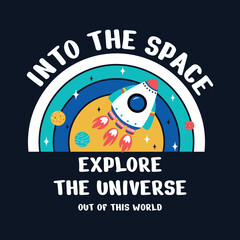 Space slogan graphic, with space theme vector illustrations and sequins. For t-shirt prints, posters and other uses.