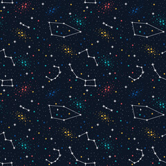 Space Galaxy constellation seamless pattern print could be used for textile, zodiac star yoga mat, phone case. Vector.