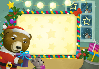 cartoon scene with christmas room and frame illustration