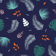 Fototapeta na wymiar Vector seamless pattern with bright tropical leaves on dark background. For wallpapers, decoration, invitation, fabric, textile and print, gift and wrapping paper.