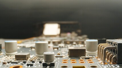 Motherboard close up photo with transistors