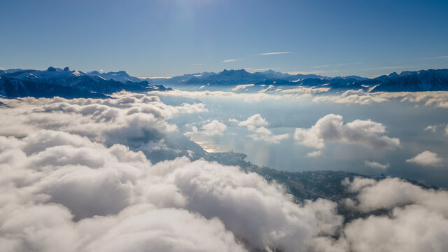 Amazing view from the air of the swiss riviera, Blonay, Switzerland. 