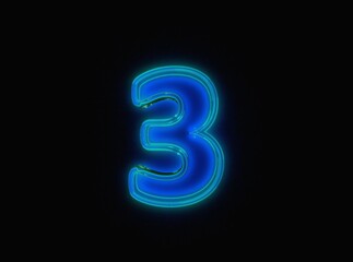 Blue - green neon light glow glassy clear alphabet - number 3 isolated on black dark, 3D illustration of symbols
