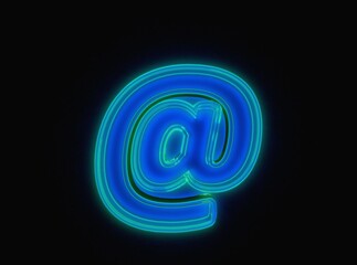 Blue - green neon light glow glass made transparent font - at sign isolated on black background, 3D illustration of symbols