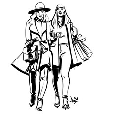 Two chic women walking with arms hooked, they are best friends going out shopping, having a laugh. 