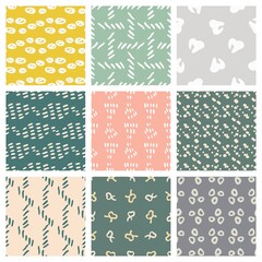 Hand drawn seamless pattern collection. Vector abstract textures isolated on colored background. For wallpaper, packaging, posters, cards or other design.