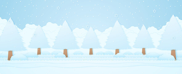 winter landscape, trees on grass in garden, snow falling with snowflakes, paper art style