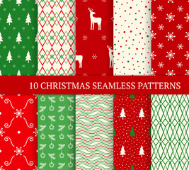 Ten Christmas different seamless patterns. Xmas endless texture for wallpaper, web page background, wrapping paper and etc. Retro style. Deer, snowflakes and Xmas trees