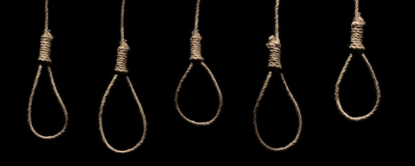 Creative social concept photo of rope noose with hangman's knot hanging in front of black background. - 398708025