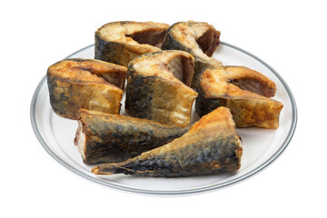 Pieces of fried mackerel fish isolated on white
