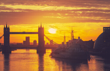 Tower Bridge at sunrise viewed from London Bridge 