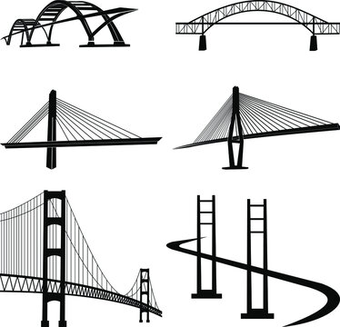 Fototapeta Bridges silhouette perspective vector icon set, bridges constructions, Isolated silhouette bridges icon set 