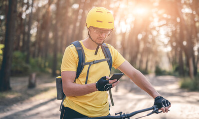 Cyclist using gps navigator on smartphone in sunny forest